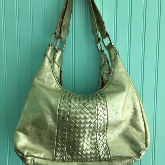 Elliott Luca Carvela Gold Woven Triple compartment satchel hobo purse - Picture 3 of 5